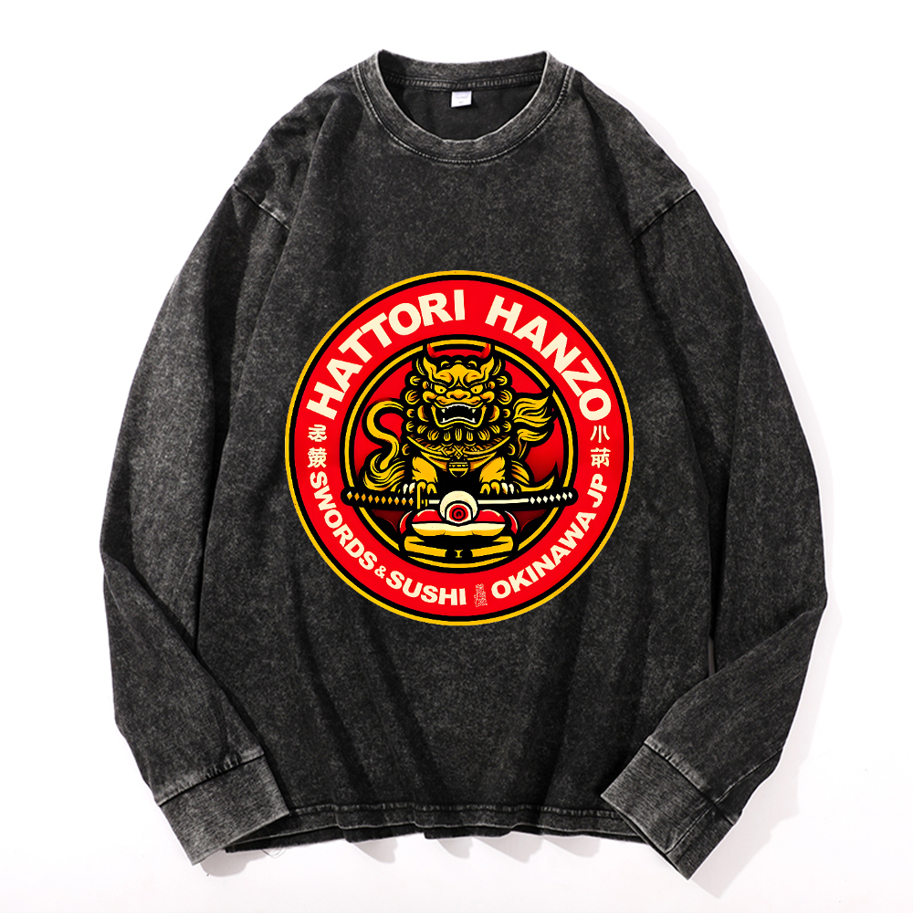 Hattori Hanzo Komainu Okinawa Japan Vintage Cotton Wash Crewneck Long-Sleeve T-Shirt