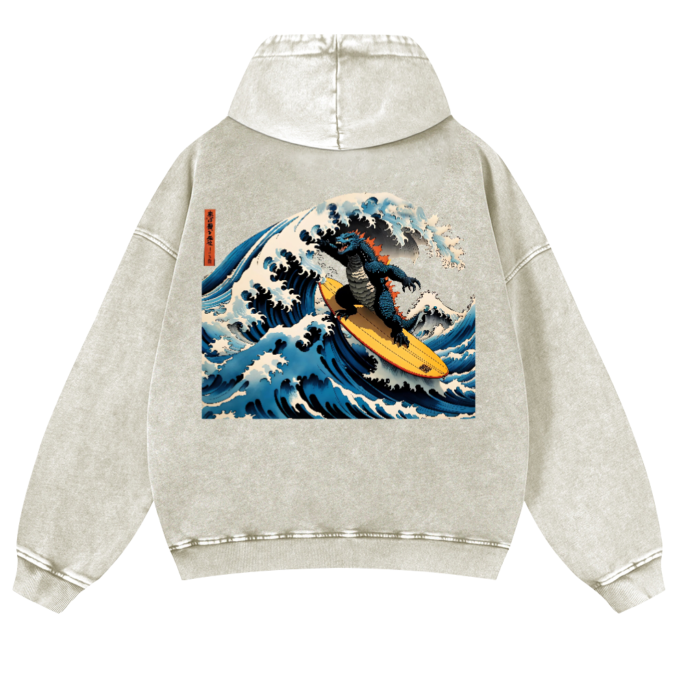 Kaiju Ukiyoe Wave Vintage Washed Cotton Back Art Hoodie