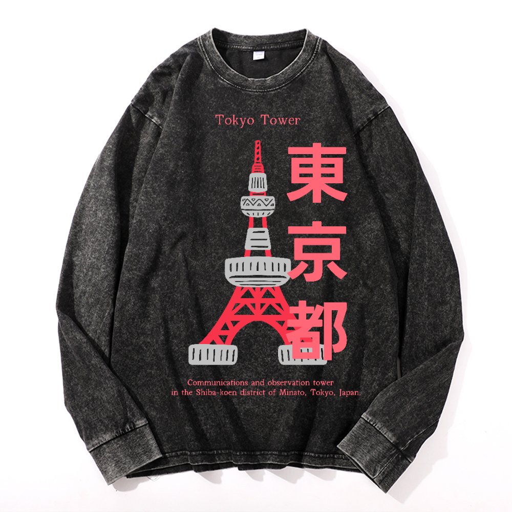 Tokyo Tower Vintage Cotton Wash Crewneck Long-Sleeve T-Shirt