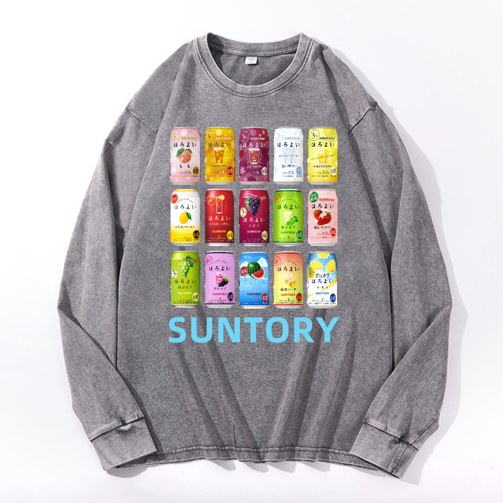 Suntory Vintage Cotton Wash Crewneck Long-Sleeve T-Shirt
