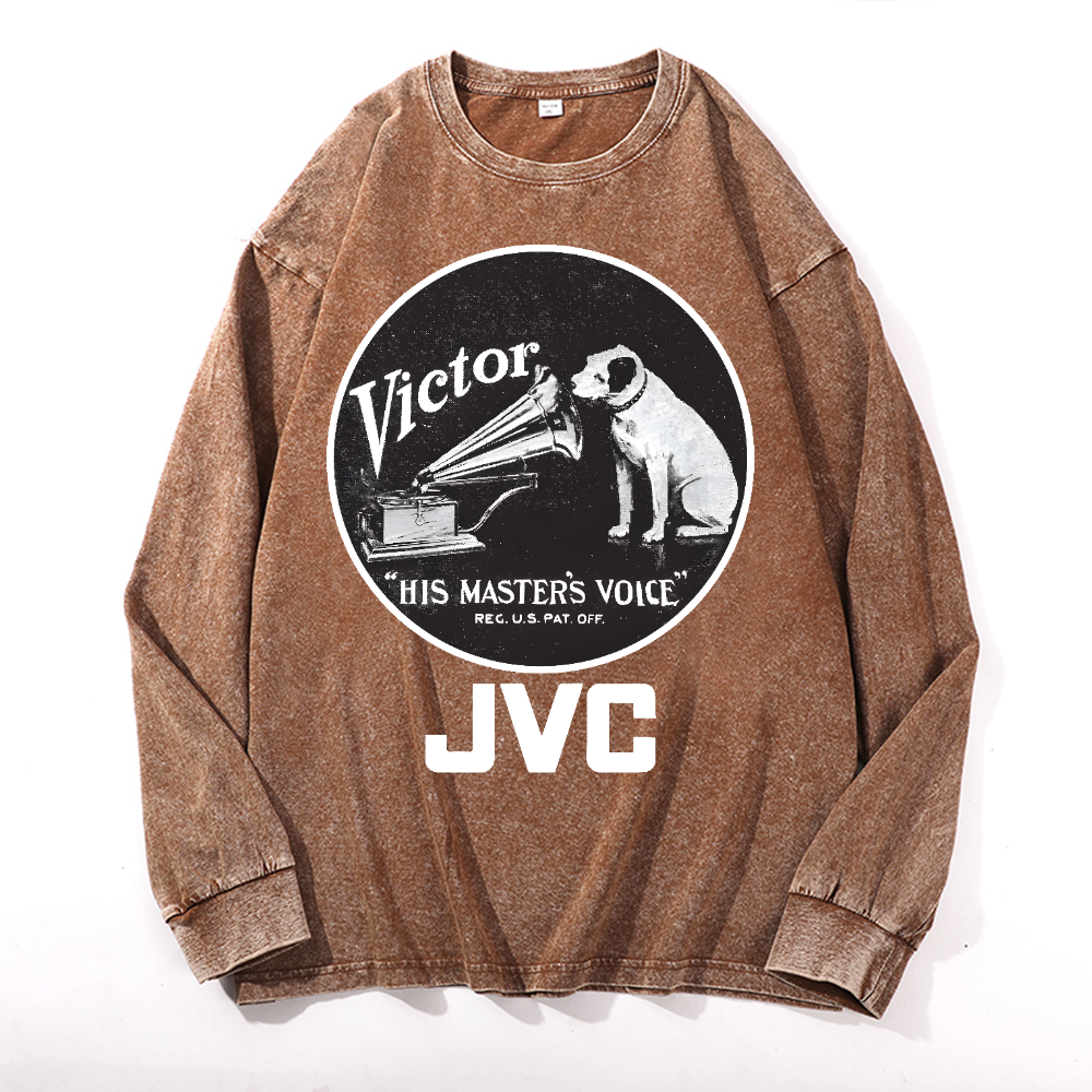 JVC Victor Dog Vintage Cotton Wash Crewneck Long-Sleeve T-Shirt