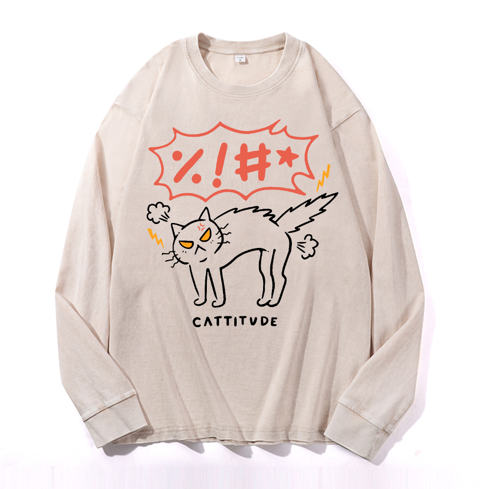 Cat Cattitude Vintage Cotton Wash Crewneck Long-Sleeve T-Shirt