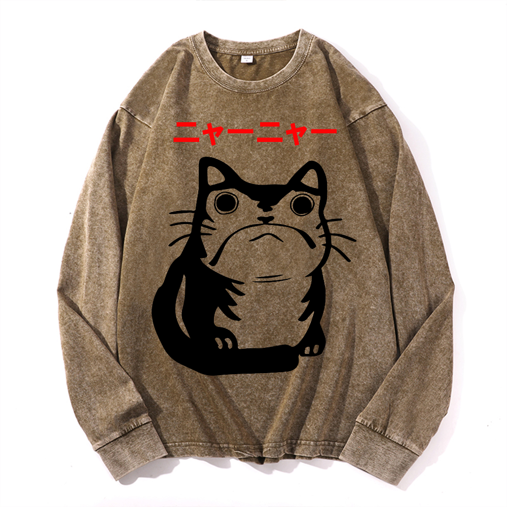 Cat Frog Vintage Cotton Wash Crewneck Long-Sleeve T-Shirt