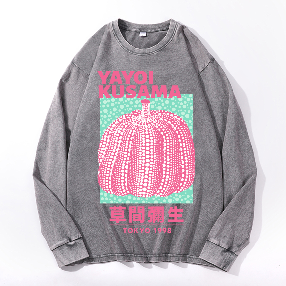 Yayoi Kusama Pumpkin Vintage Cotton Wash Crewneck Long-Sleeve T-Shirt
