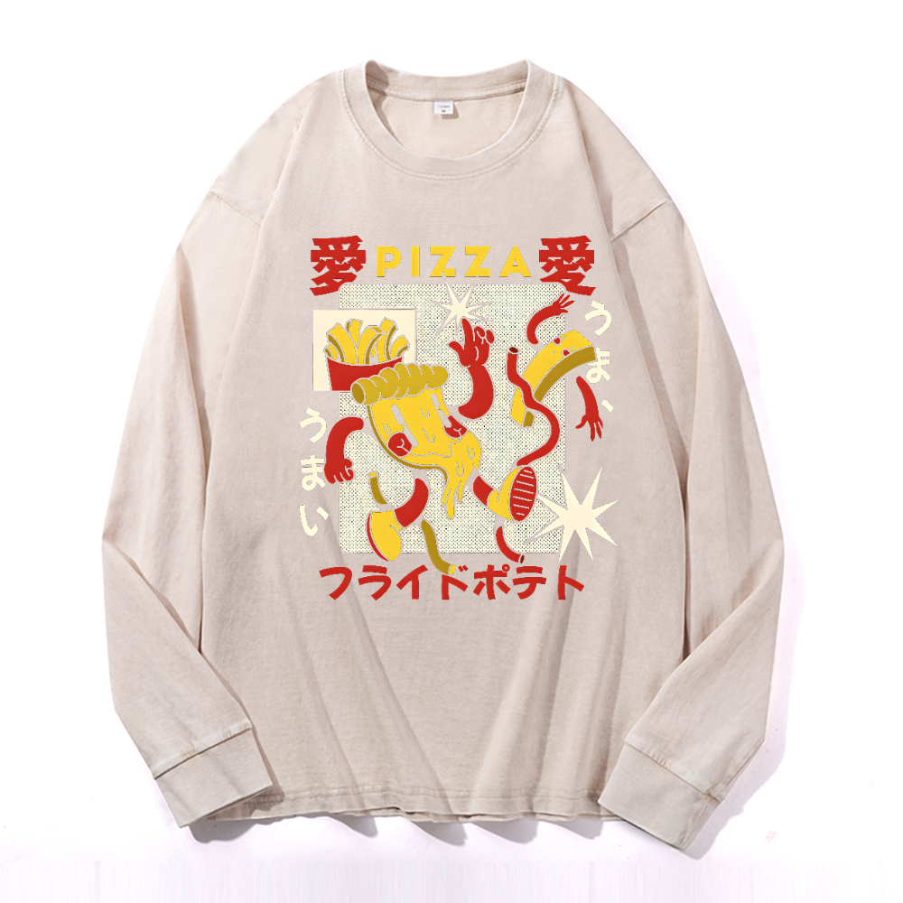 Pizza Vintage Cotton Wash Crewneck Long-Sleeve T-Shirt