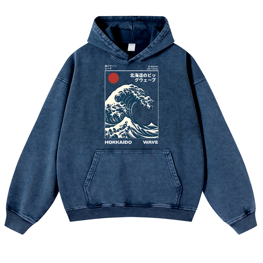 Hokkaido The Great Wave off Kanagawa Ukiyoe Vintage Washed Thick Cotton Hoodie