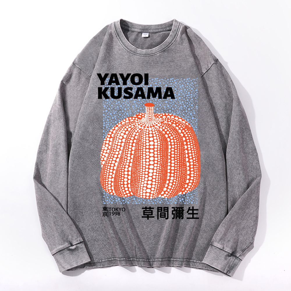 Yayoi Kusama Pumpkin Vintage Cotton Wash Crewneck Long-Sleeve T-Shirt