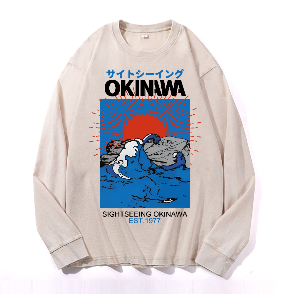 Okinawa Wave Vintage Cotton Wash Crewneck Long-Sleeve T-Shirt