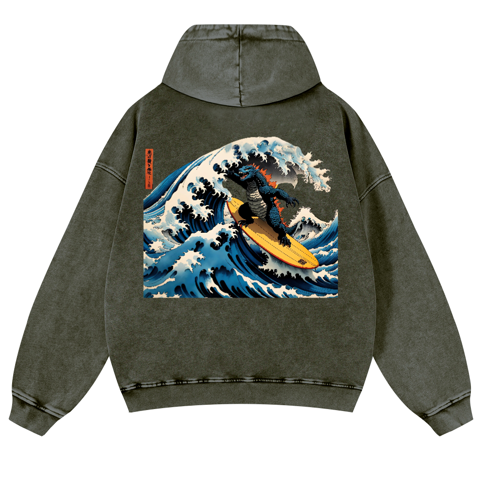 Kaiju Ukiyoe Wave Vintage Washed Cotton Back Art Hoodie
