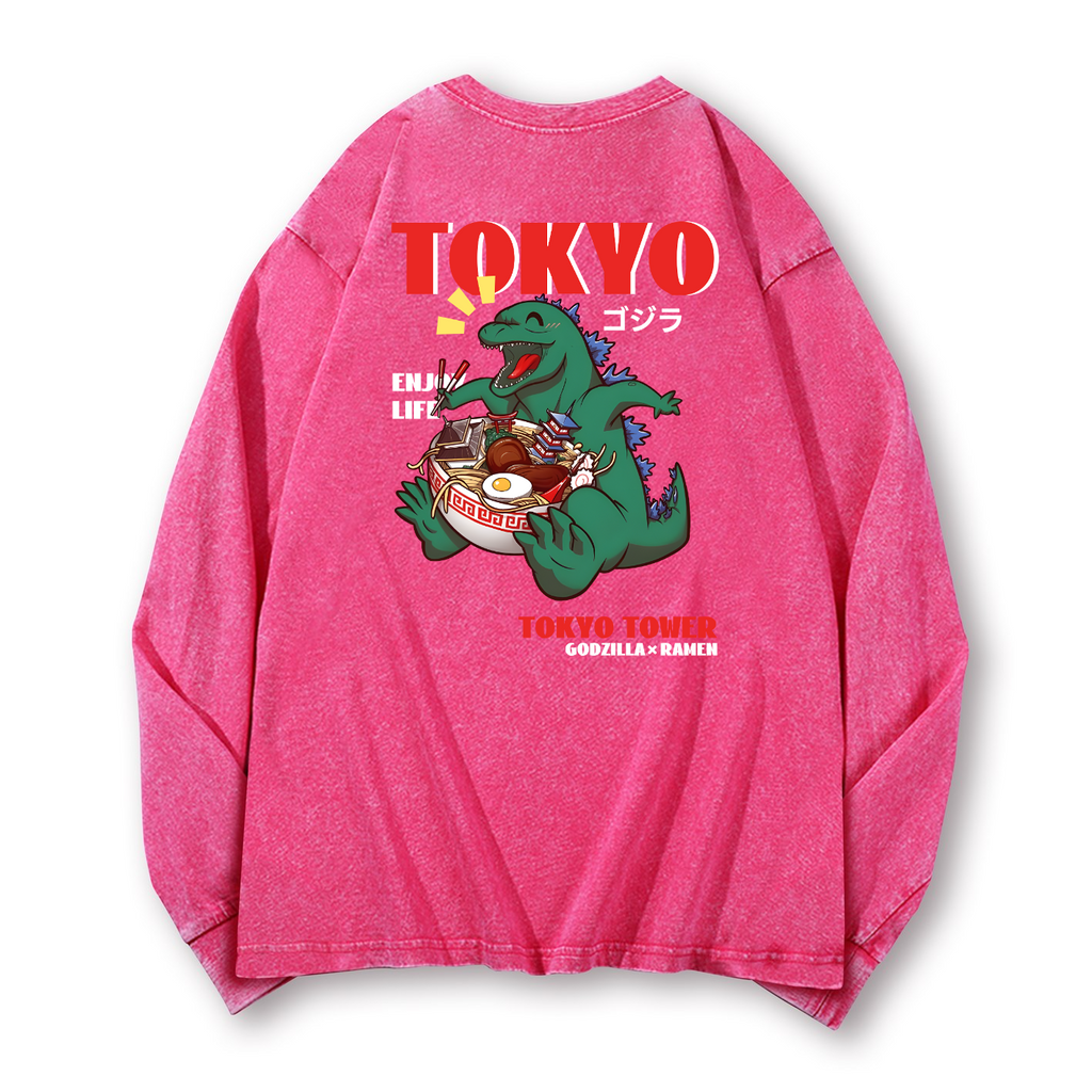 Ramen Kaiju Vintage Washed Cotton Back Art Long-sleeve T-shirt