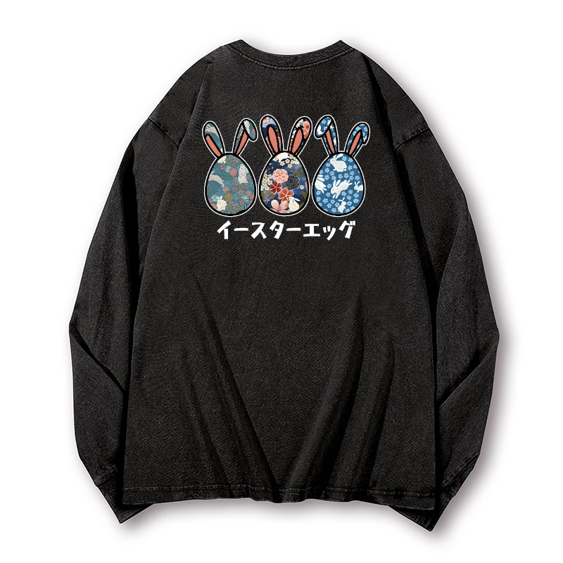 Rabbit Easter Eggs Vintage Washed Cotton Back Art Long-sleeve T-shirt