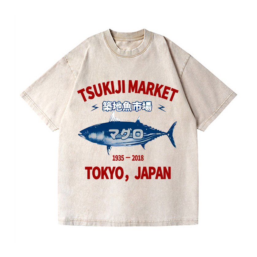 Tsukiji Market Tuna Fish Tokyo Japan Vintage Wash Japanese Design T-Shirt