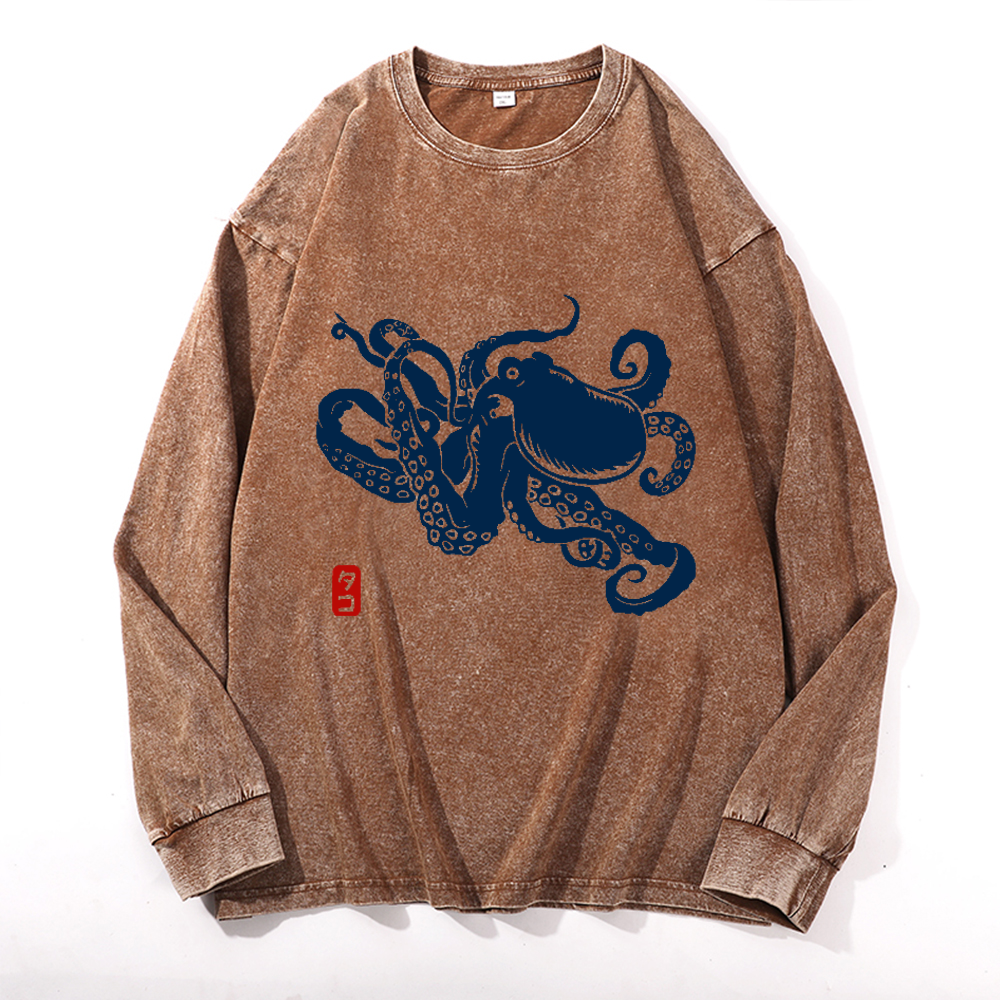 Octopus Vintage Cotton Wash Crewneck Long-Sleeve T-Shirt