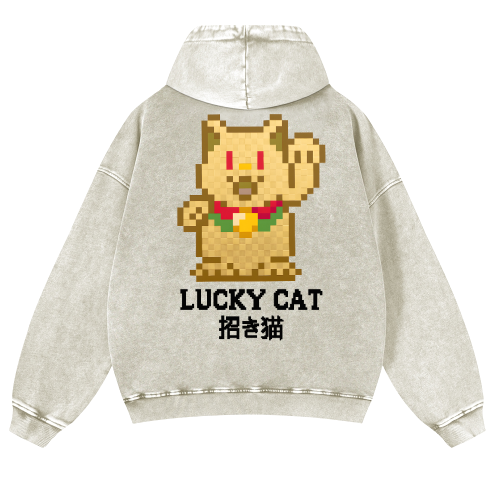 Mosaic Lucky Cat Vintage Washed Cotton Back Art Hoodie