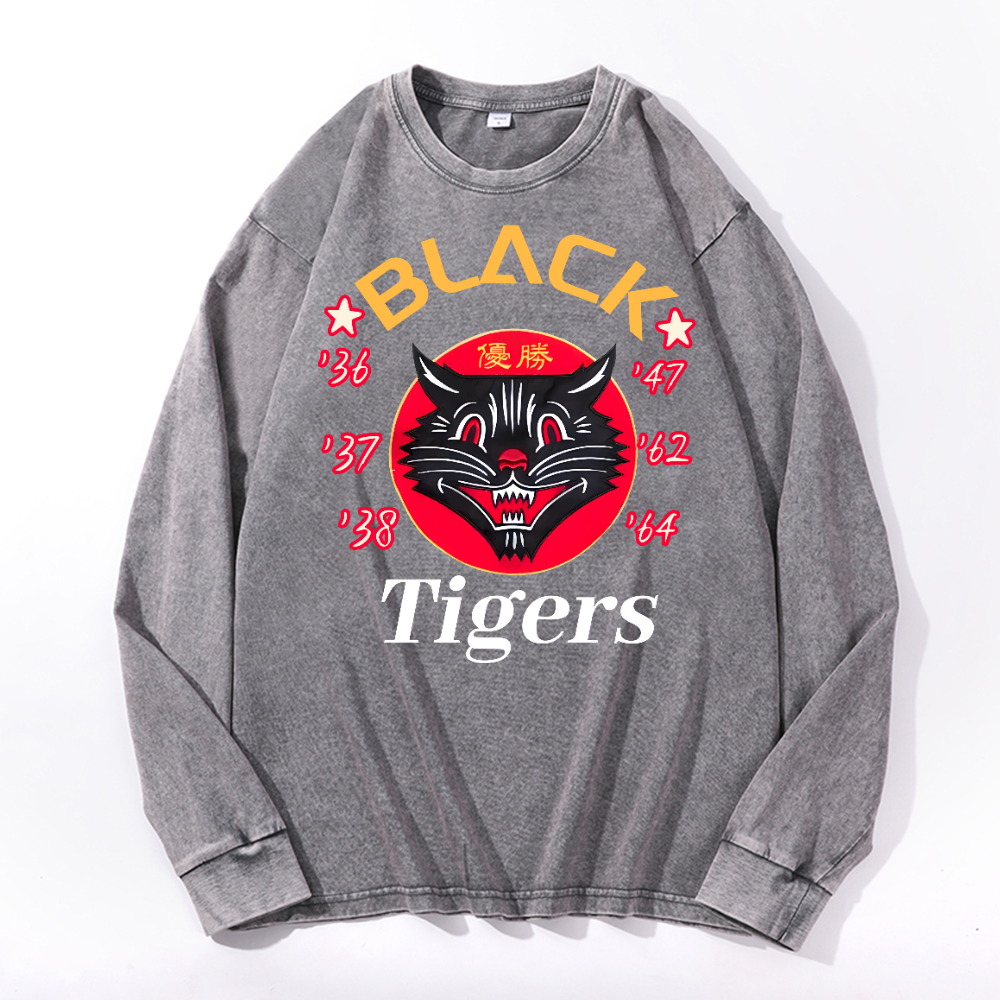 Black Tigers Vintage Cotton Wash Crewneck Long-Sleeve T-Shirt