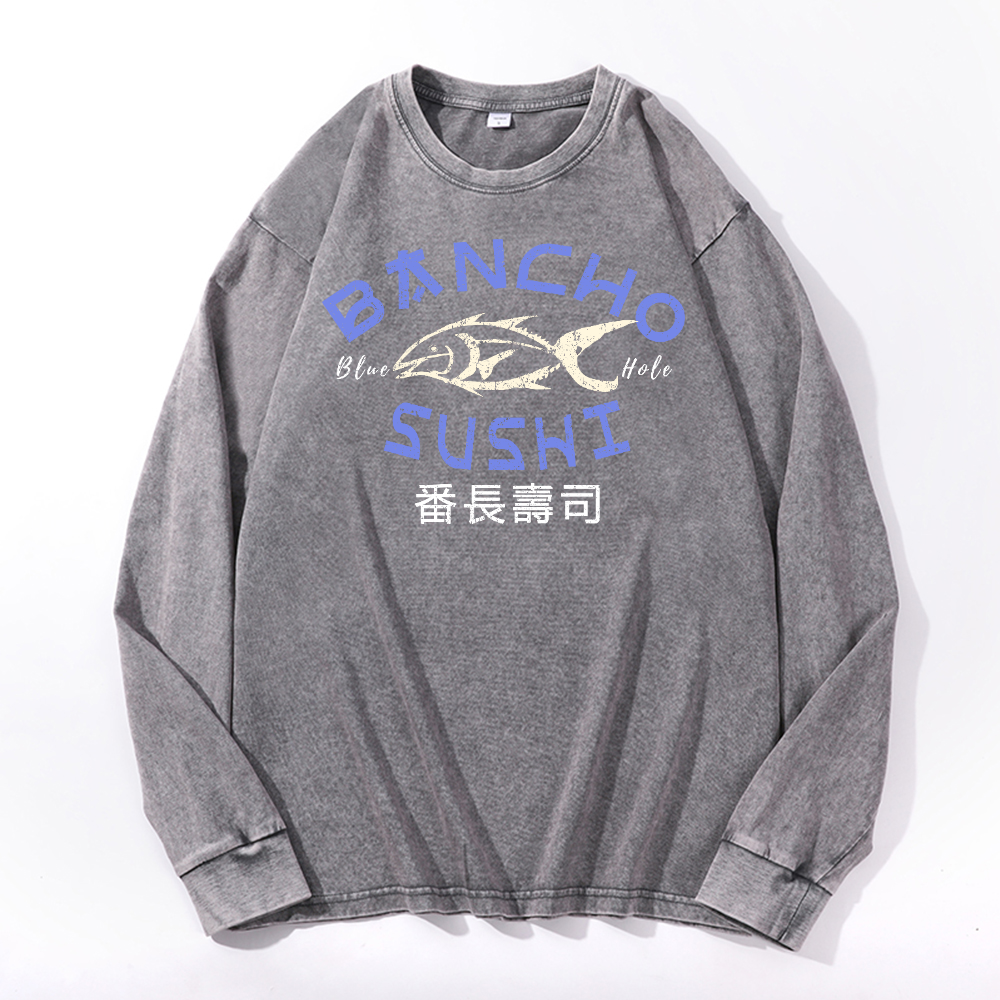Bancho Sushi Vintage Cotton Wash Crewneck Long-Sleeve T-Shirt