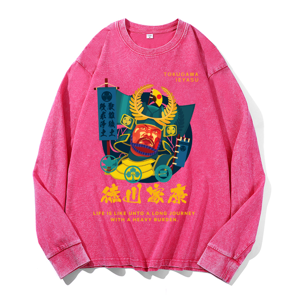 Tokugawa Ieyasu Vintage Cotton Wash Crewneck Long-Sleeve T-Shirt