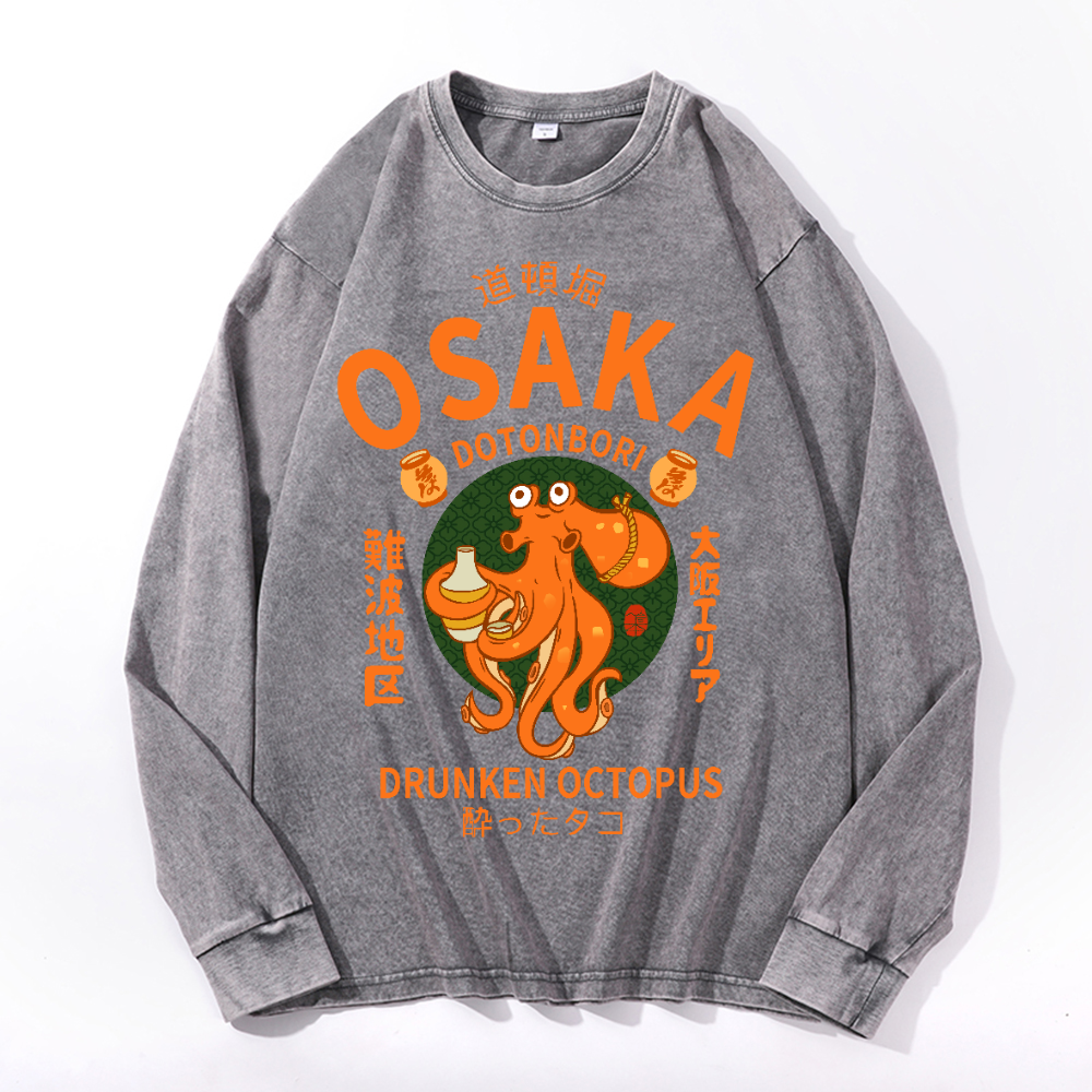 Osaka Dotonbori Drunken Octopus Vintage Cotton Wash Crewneck Long-Sleeve T-Shirt