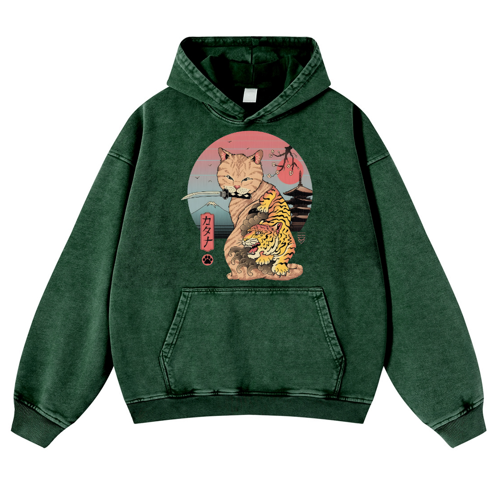 Japanese themed Cat Tiger Illustration Vintage Washed Thick Cotton Hoodie