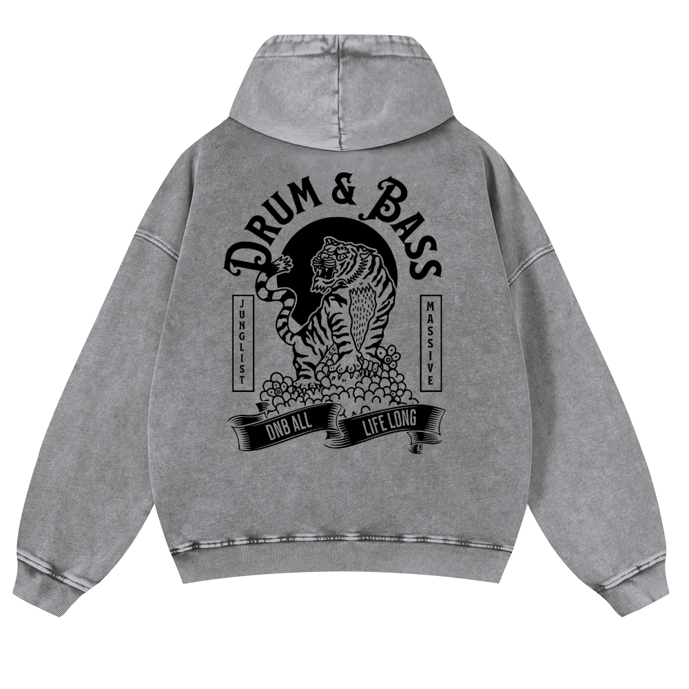Drum & Bass Tiger Vintage Washed Cotton Back Art Hoodie