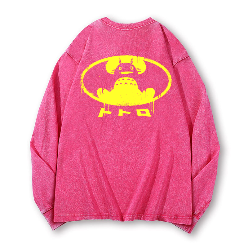 Ghibli Totoro Batman Vintage Washed Cotton Back Art Long-sleeve T-shirt