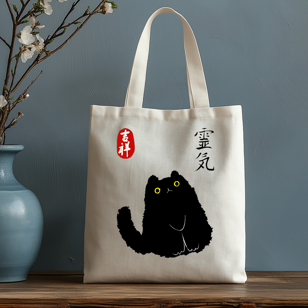 Lucky Cat Black Cat Japanese Style Canvas Tote Bag