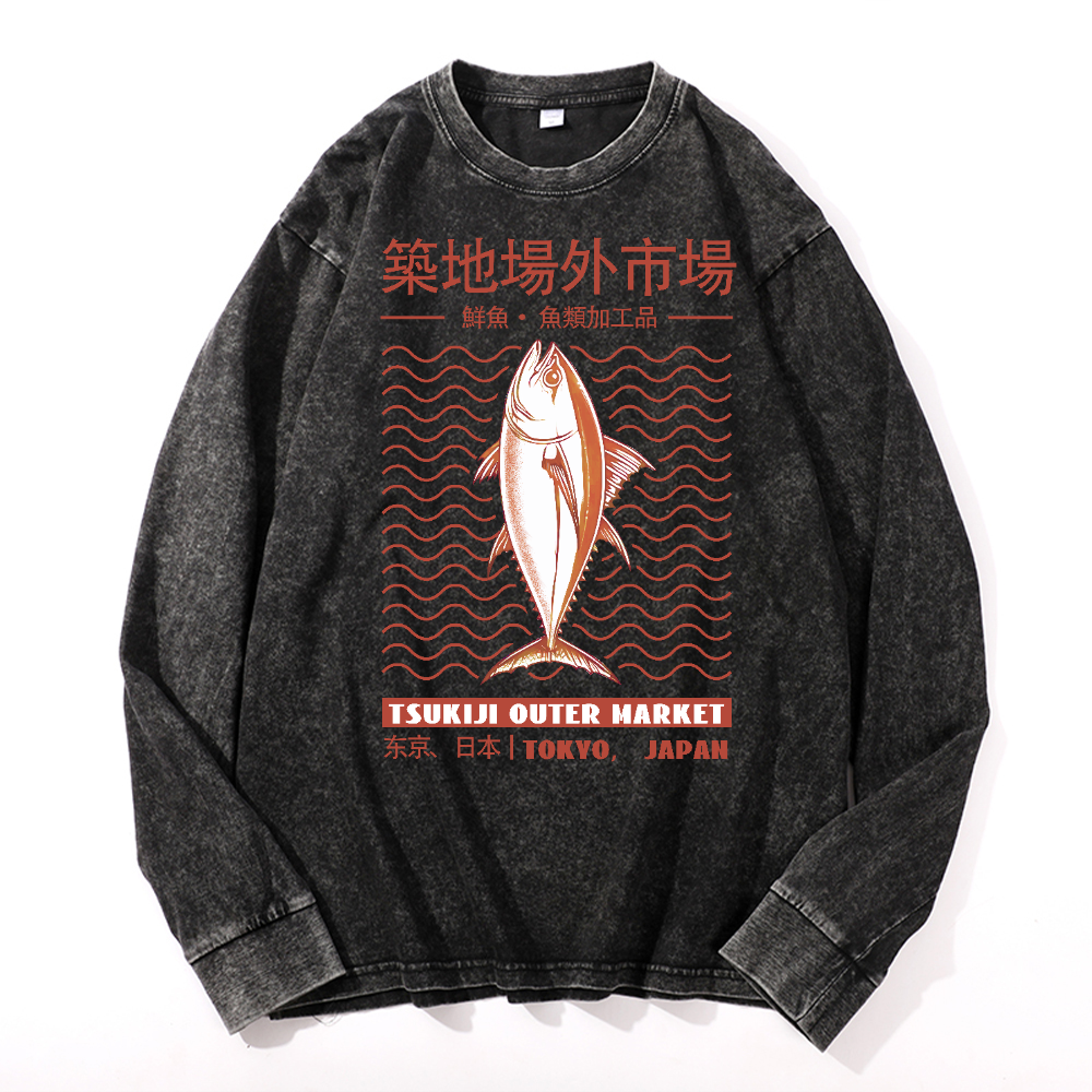 Tsukiji Market Vintage Cotton Wash Crewneck Long-Sleeve T-Shirt