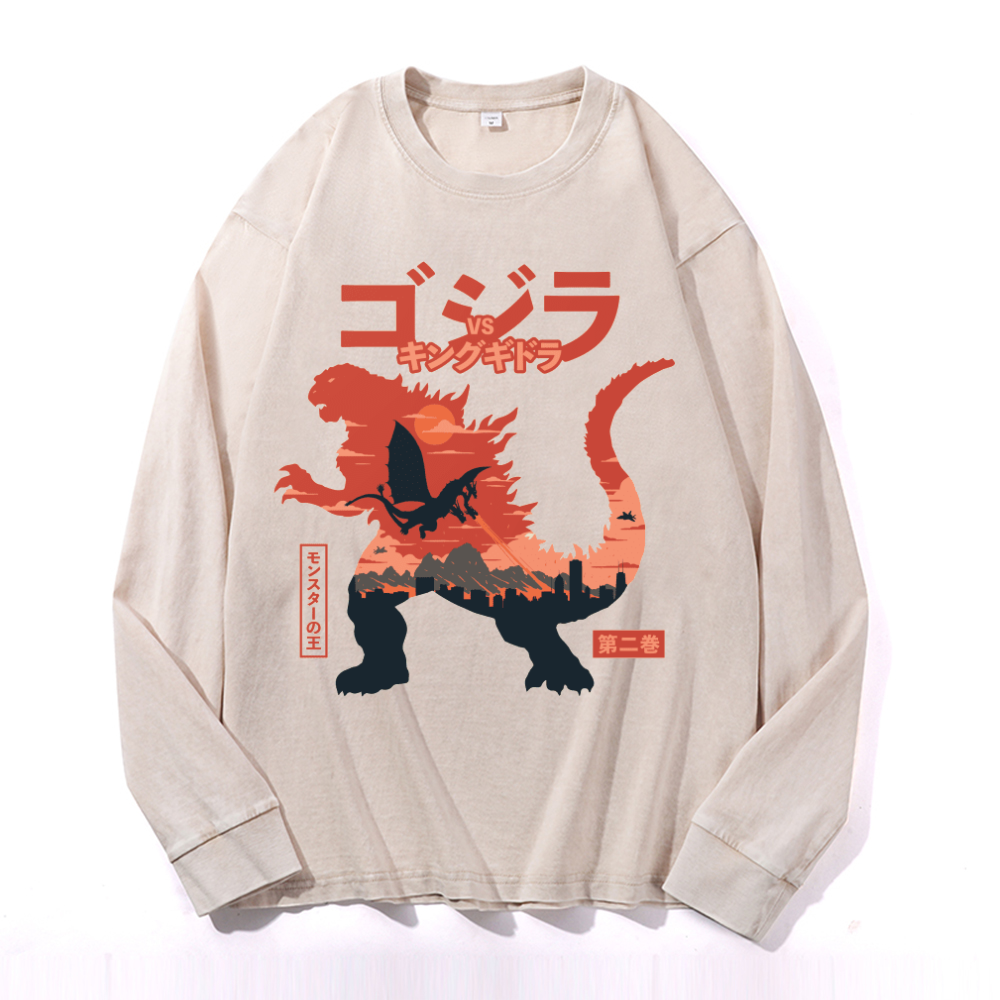 Kaiju vs. King Ghidorah Showdown Vintage Cotton Wash Crewneck Long-Sleeve T-Shirt