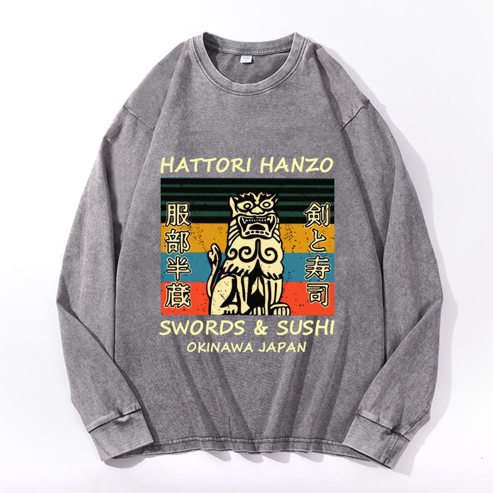 Hattori Hanzo Komainu Okinawa Japan Vintage Cotton Wash Crewneck Long-Sleeve T-Shirt