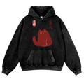 Lucky Black Cat Vintage Washed Thick Cotton Hoodie