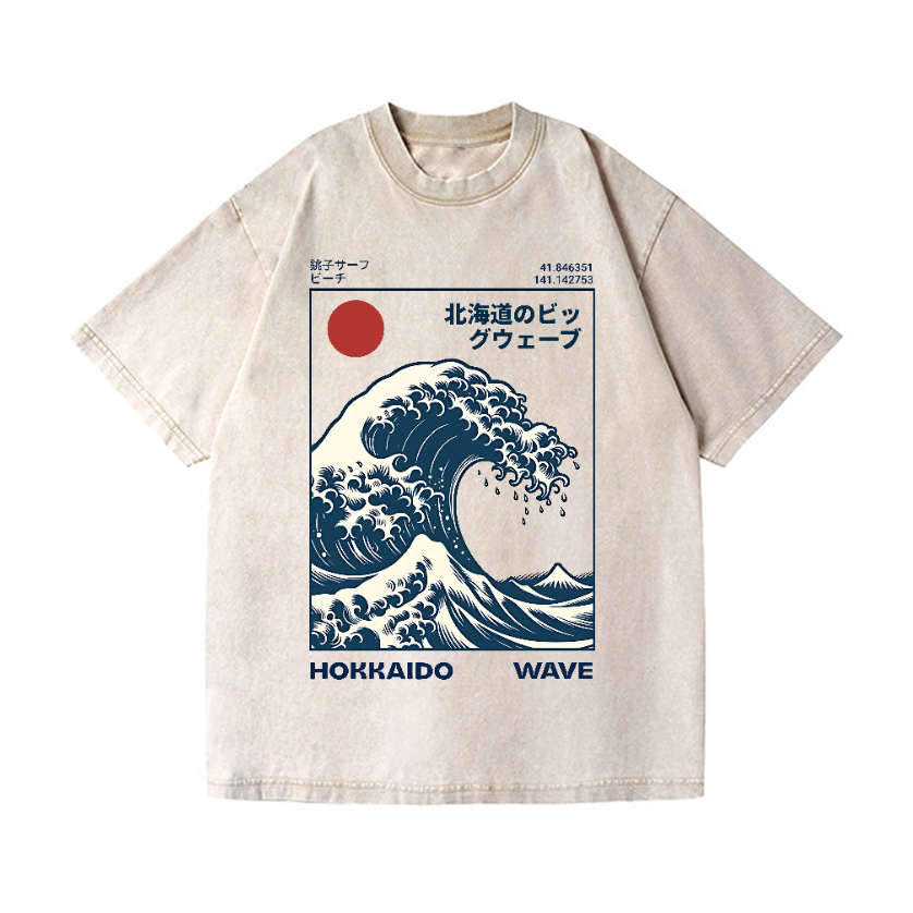 Hokkaido Wave Ukiyoe Vintage Wash Japanese Design T-Shirt