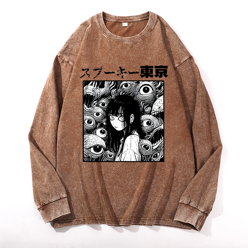 Horror manga Vintage Cotton Wash Crewneck Long-Sleeve T-Shirt