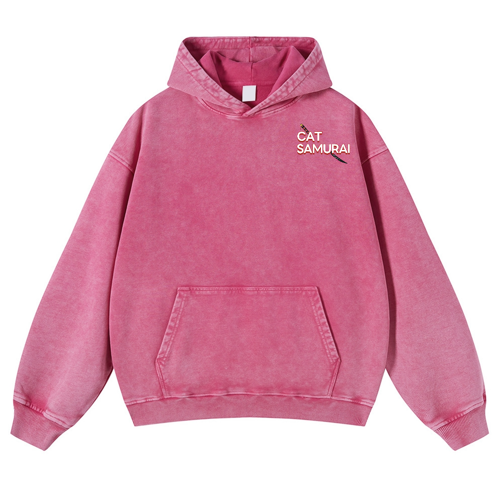Cat Samurai Vintage Washed Cotton Back Art Hoodie