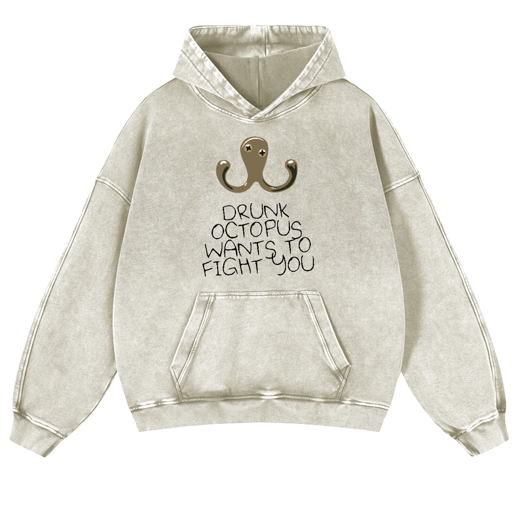 Drunken Octopus Vintage Washed Thick Cotton Hoodie