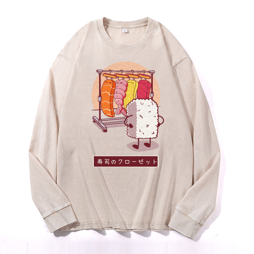 Sushi Vintage Cotton Wash Crewneck Long-Sleeve T-Shirt