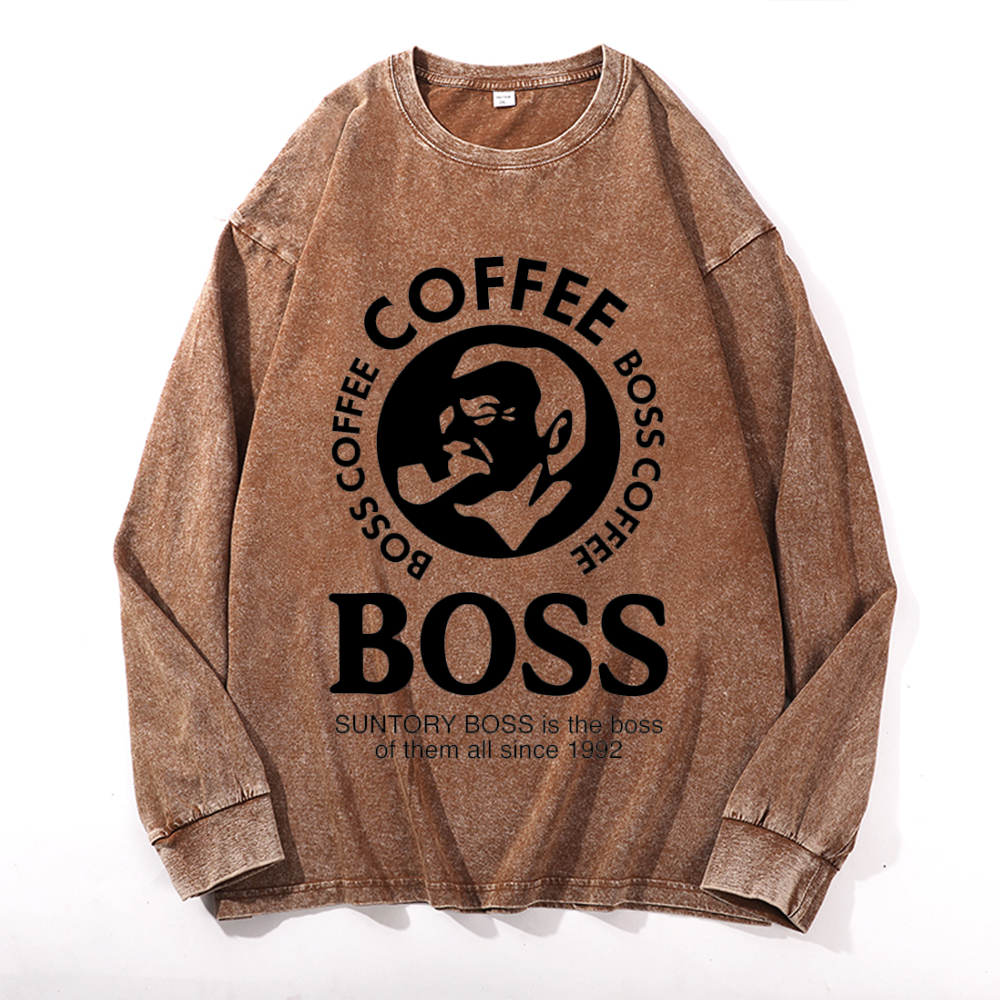 Coffee Boss Vintage Cotton Wash Crewneck Long-Sleeve T-Shirt