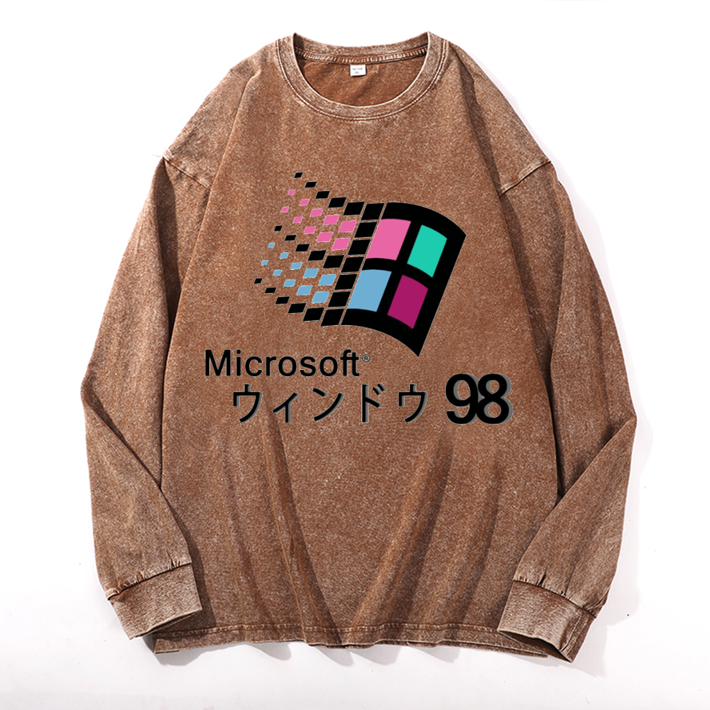 Microsoft Windows 98 Vintage Cotton Wash Crewneck Long-Sleeve T-Shirt