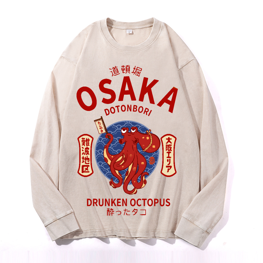 Osaka Dotonbori Drunken Octopus Vintage Cotton Wash Crewneck Long-Sleeve T-Shirt
