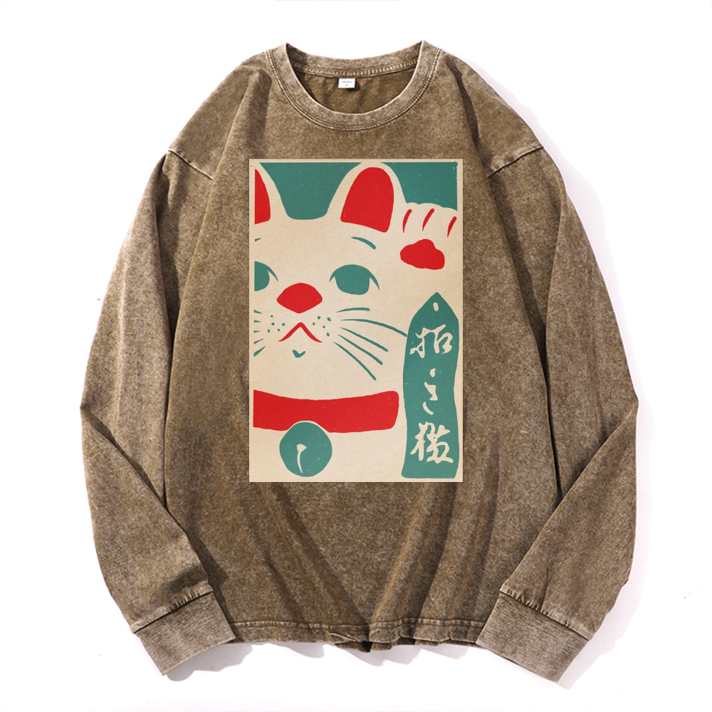 Cat Vintage Cotton Wash Crewneck Long-Sleeve T-Shirt