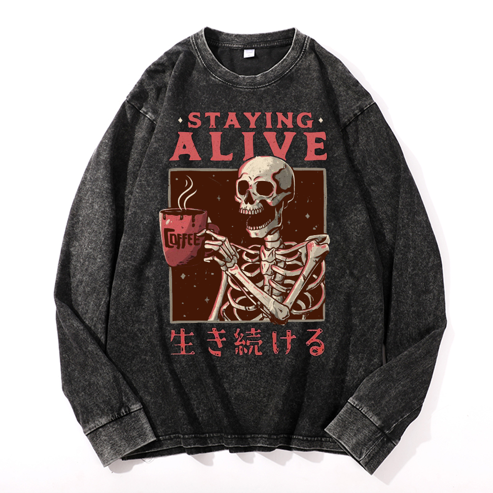 Staying Alive Vintage Cotton Wash Crewneck Long-Sleeve T-Shirt