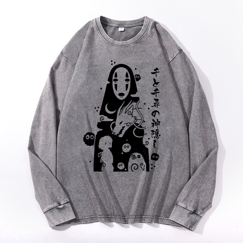 Ghibli No Face Kaonashi Vintage Cotton Wash Long-sleeve T-shirt