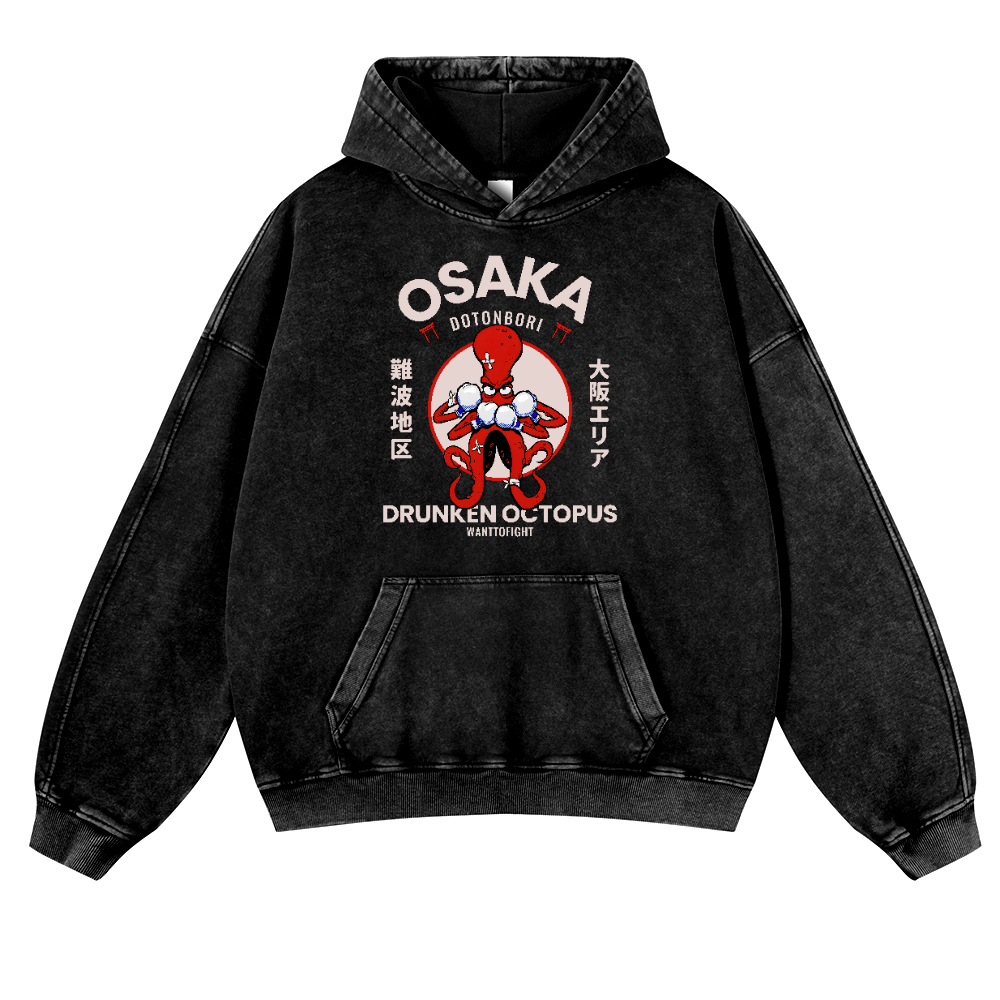 Osaka Drunken Octopus Vintage Washed Thick Cotton Hoodie