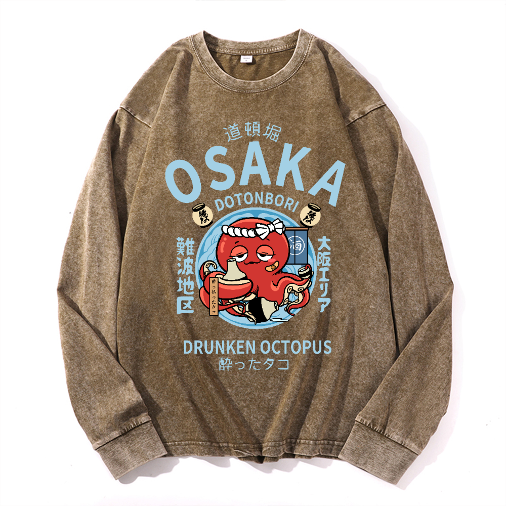 Osaka Dotonbori Drunken Octopus Vintage Cotton Wash Crewneck Long-Sleeve T-Shirt