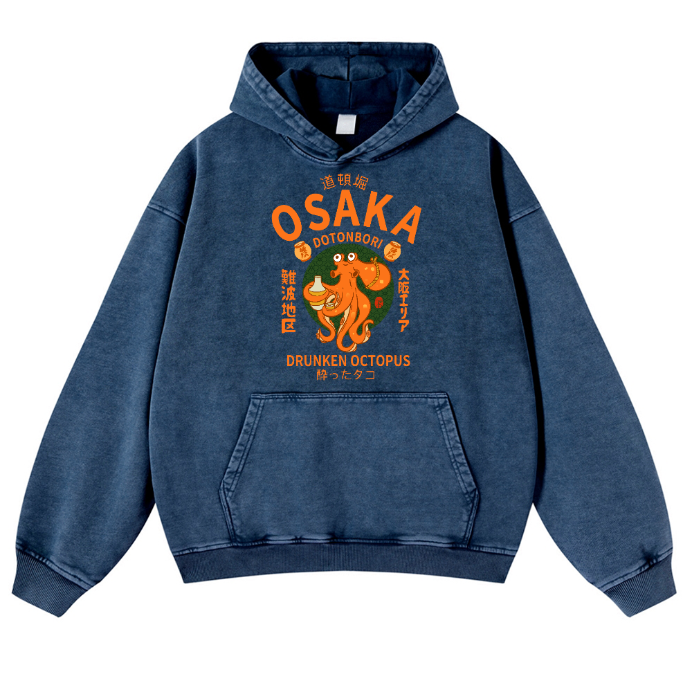 Osaka Dotonbori Drunken Octopus Vintage Washed Thick Cotton Hoodie