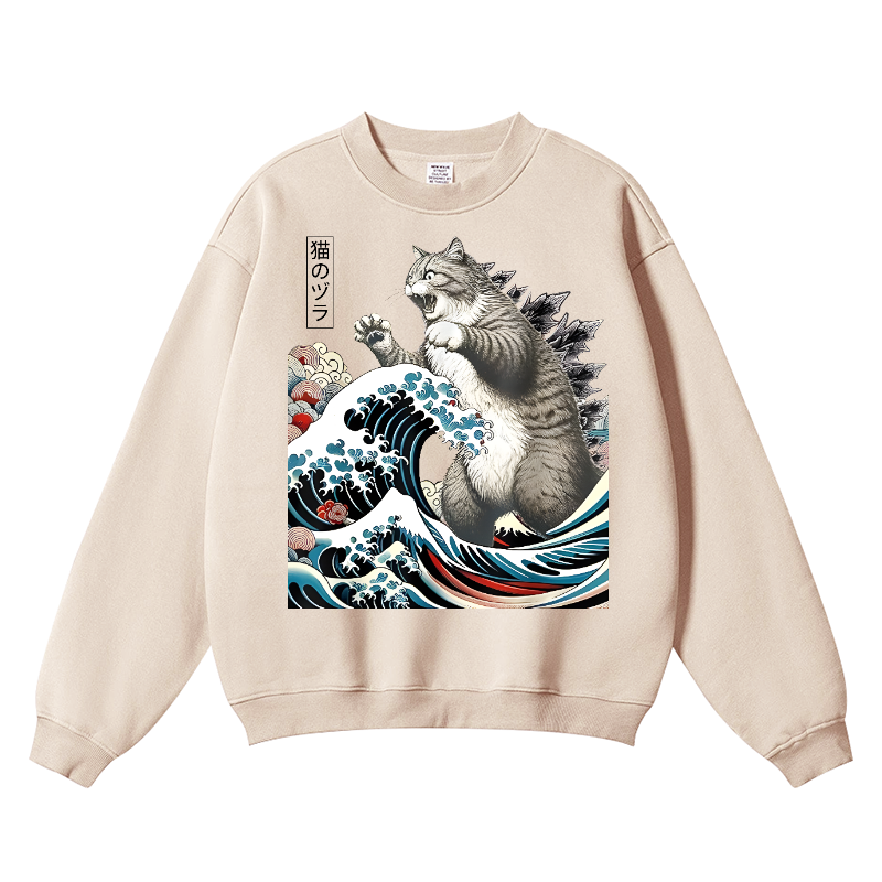 Cat Kaiju Great Wave Vintage Cotton Blend Crewneck Sweatshirt
