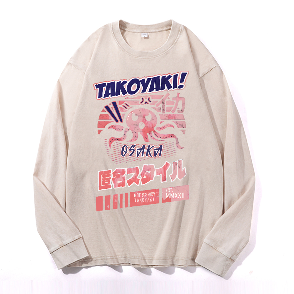 Takoyaki Octpous Vintage Cotton Wash Crewneck Long-Sleeve T-Shirt