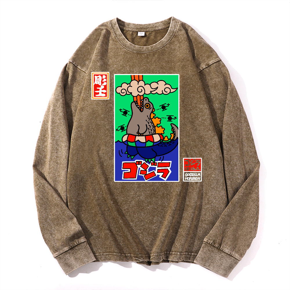 Kaiju Vintage Cotton Wash Crewneck Long-Sleeve T-Shirt