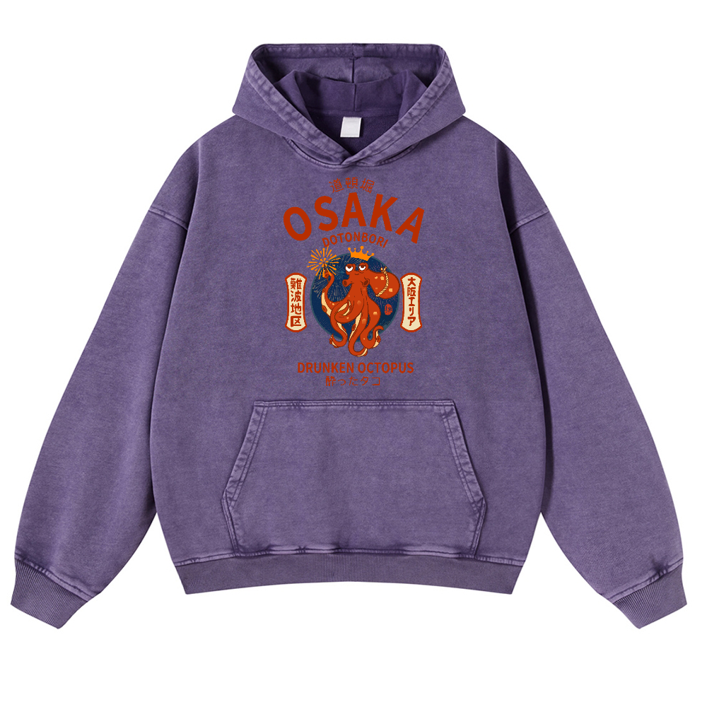 Osaka Dotonbori Drunken Octopus Vintage Washed Thick Cotton Hoodie