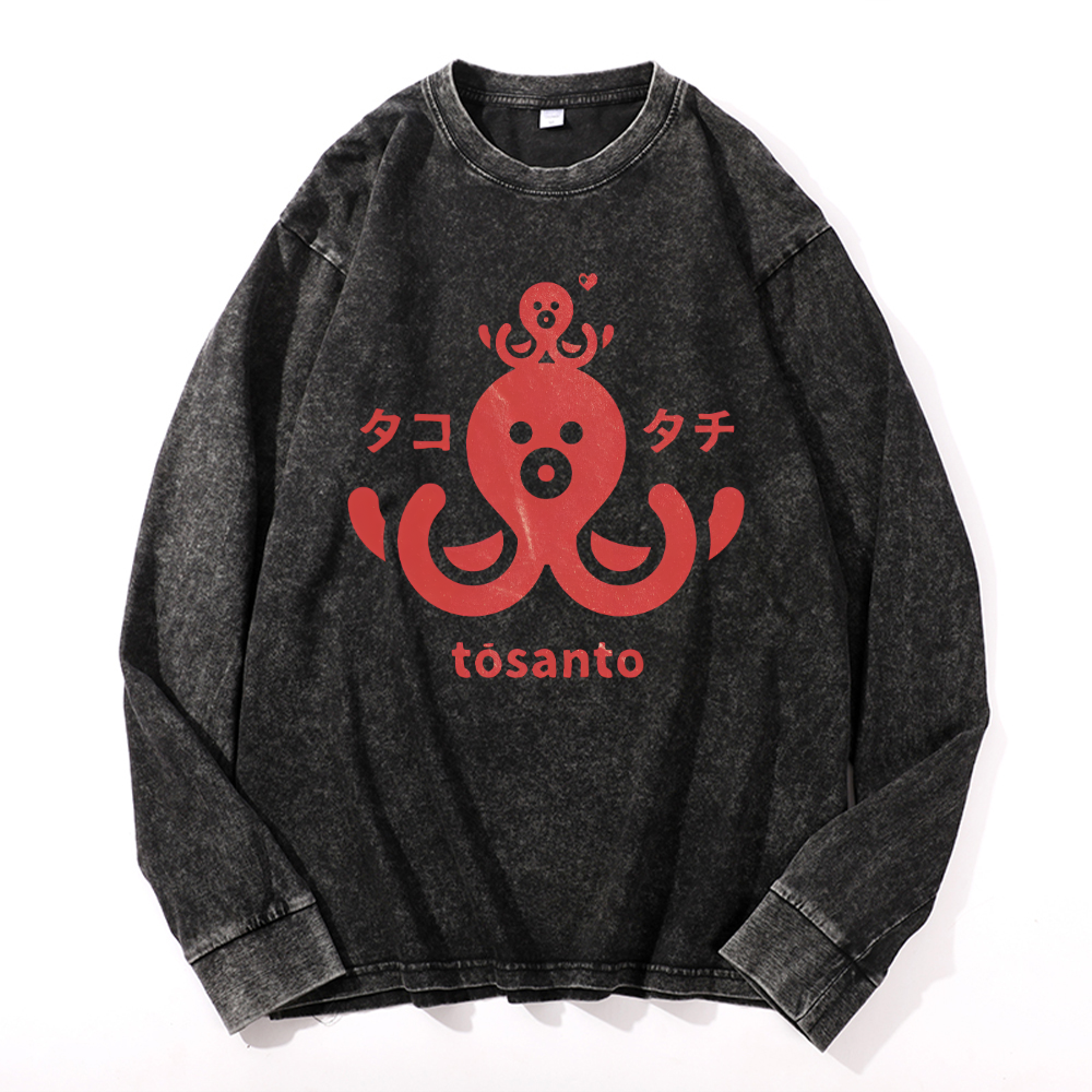 Tosanto Octopus Vintage Cotton Wash Crewneck Long-Sleeve T-Shirt