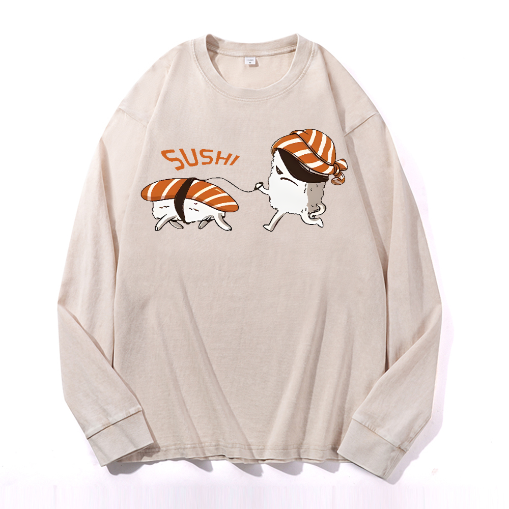 Sushi Vintage Cotton Wash Crewneck Long-Sleeve T-Shirt